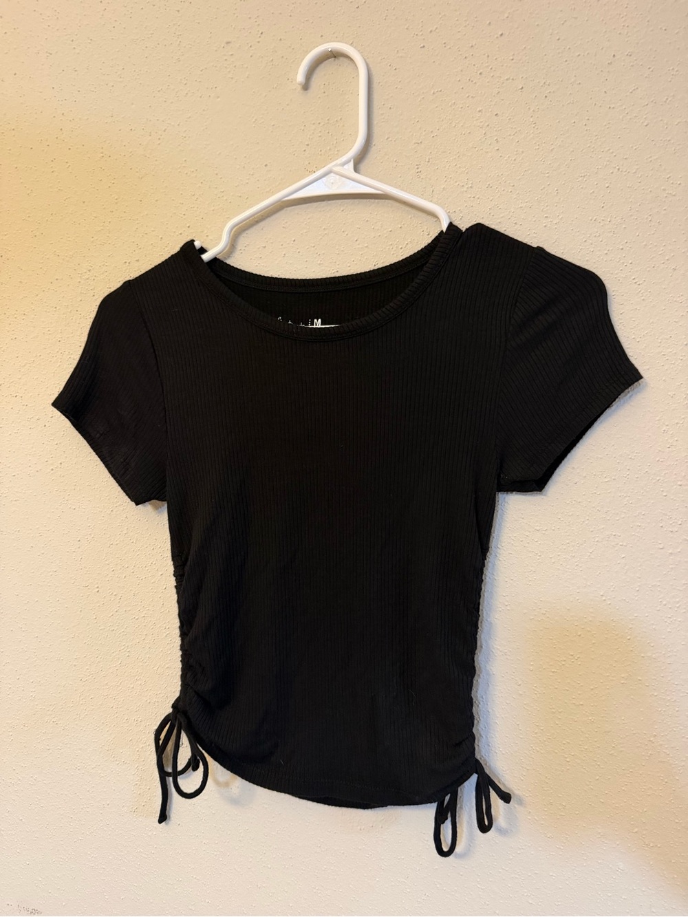 flirtitude Black Ribbed Short Sleeve Tee with Side Ties